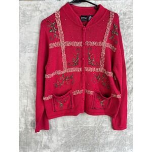 Erika Medium Ugly Christmas Cardigan‎ Holiday Embroidered Ruffle Beaded Vintage